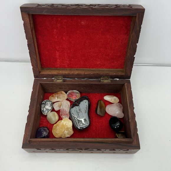 Triquetra Celtic Floral Hand Carved Wooden Trinket Keepsake Box Gemstones - Picture 7 of 16